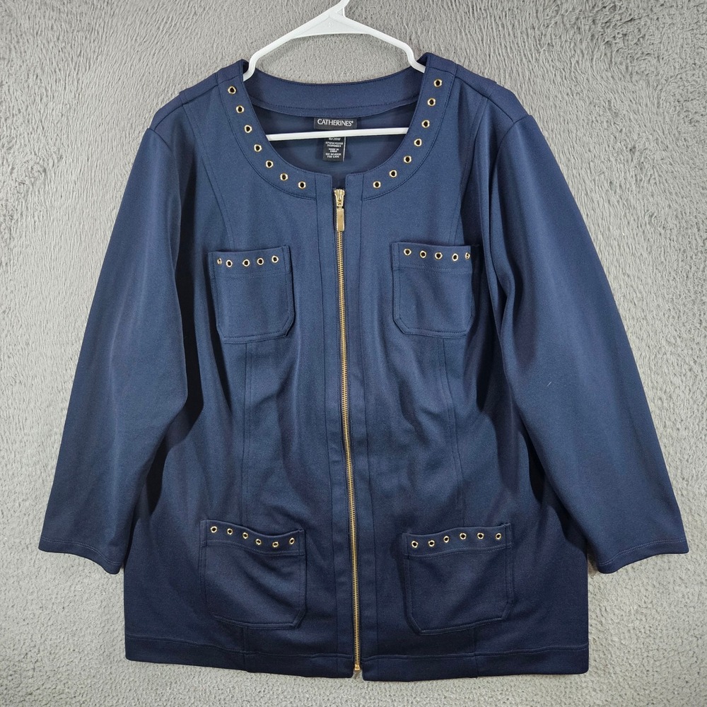 Catherines Womens‎ Navy Blue Grommet Zip Front Jacket Plus Size 1X 18/20W